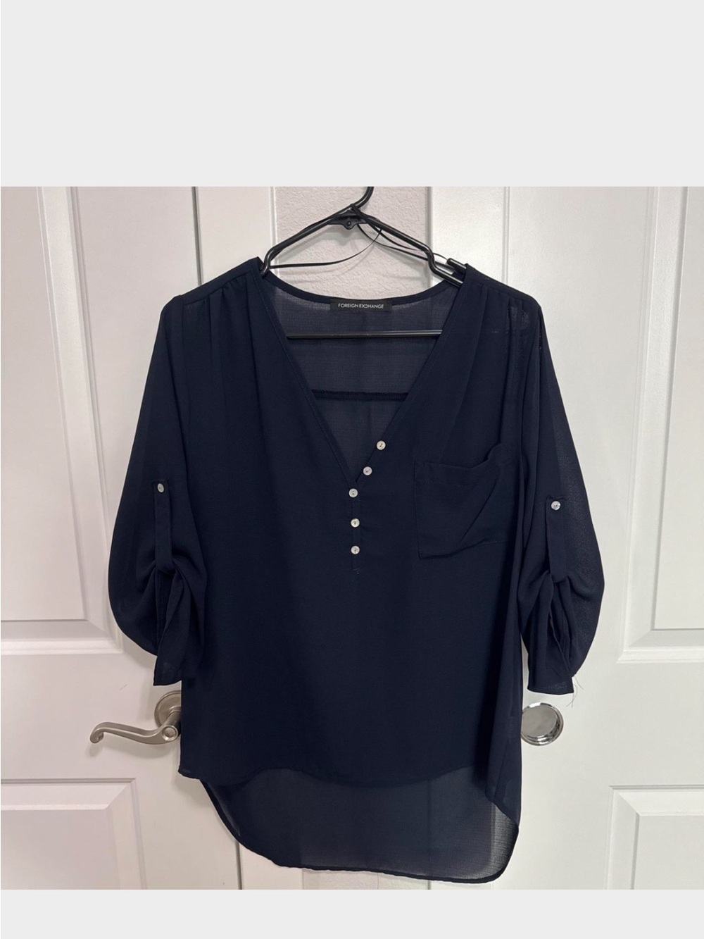 Foreign Exchange Navy V-Neck Button Pullover Blouse